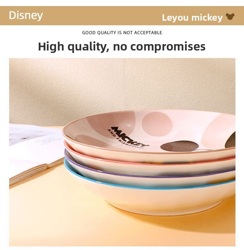 Disney Ceramic Plate High-Value Cartoon Round Plate Le You Mickey Household Underglaze Color Dish Plate High Temperature Resistant Deep Plate