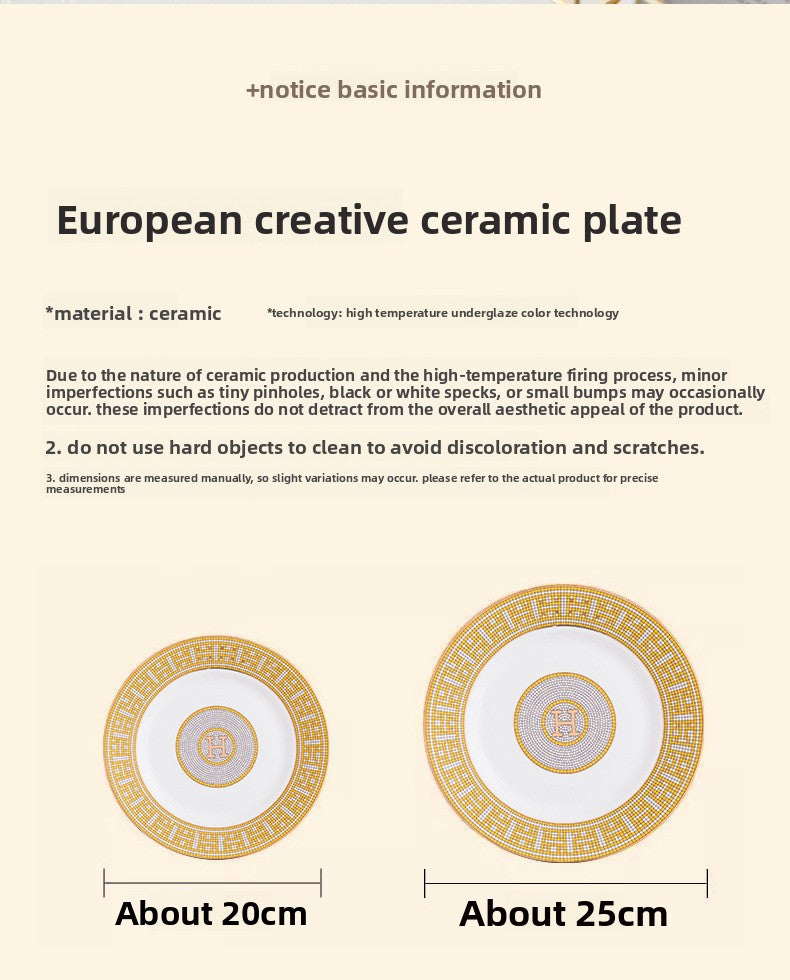 H European Style Round Plate Bone China Dish Plate Tableware Ceramic Plate Western Plate Light Luxury High-end Gold Trim
