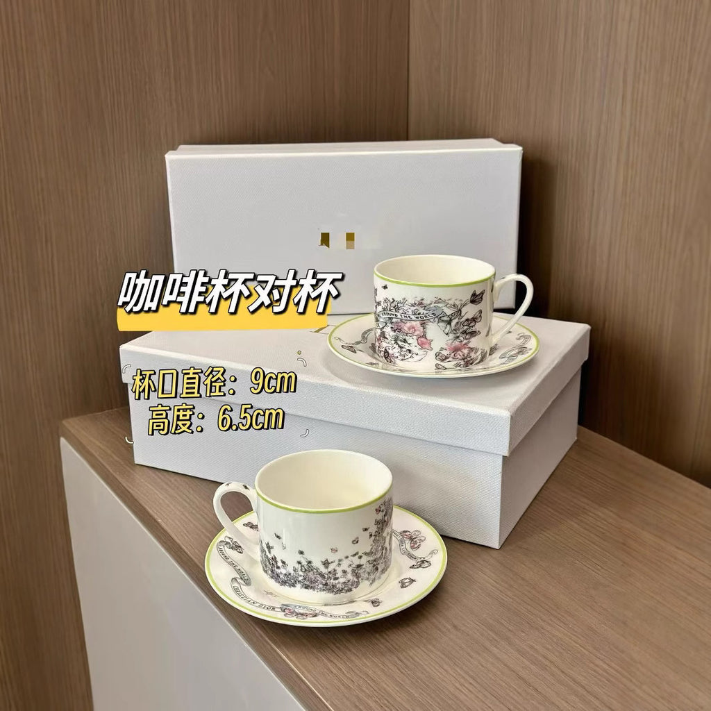 D Family Series Coffee Cup Saucer Mug Pairing Cup Elegant Butterfly Spirit Butterfly and Blossoms Interwoven
