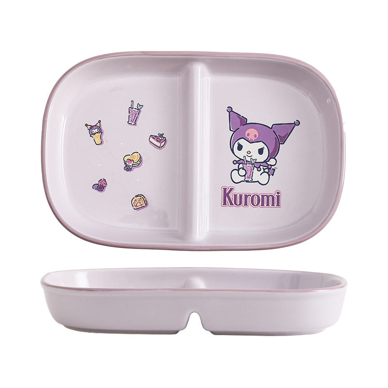 Authentic Sanrio Tableware Kuromi 2-Compartment Plate Children's Food Supplement Plate Ceramic High Temperature Resistant Baking Plate Baby Square Plate