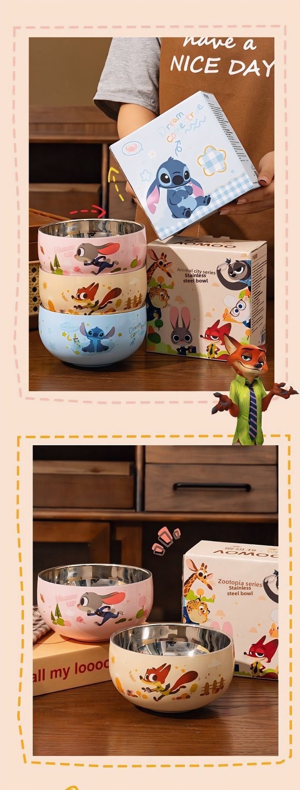 Zootopia & Stitch Stainless Steel Bowls Set - Cartoon Character Kids Tableware