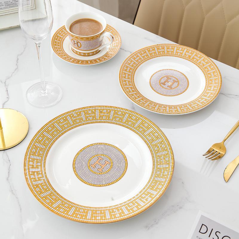 H European Style Round Plate Bone China Dish Plate Tableware Ceramic Plate Western Plate Light Luxury High-end Gold Trim