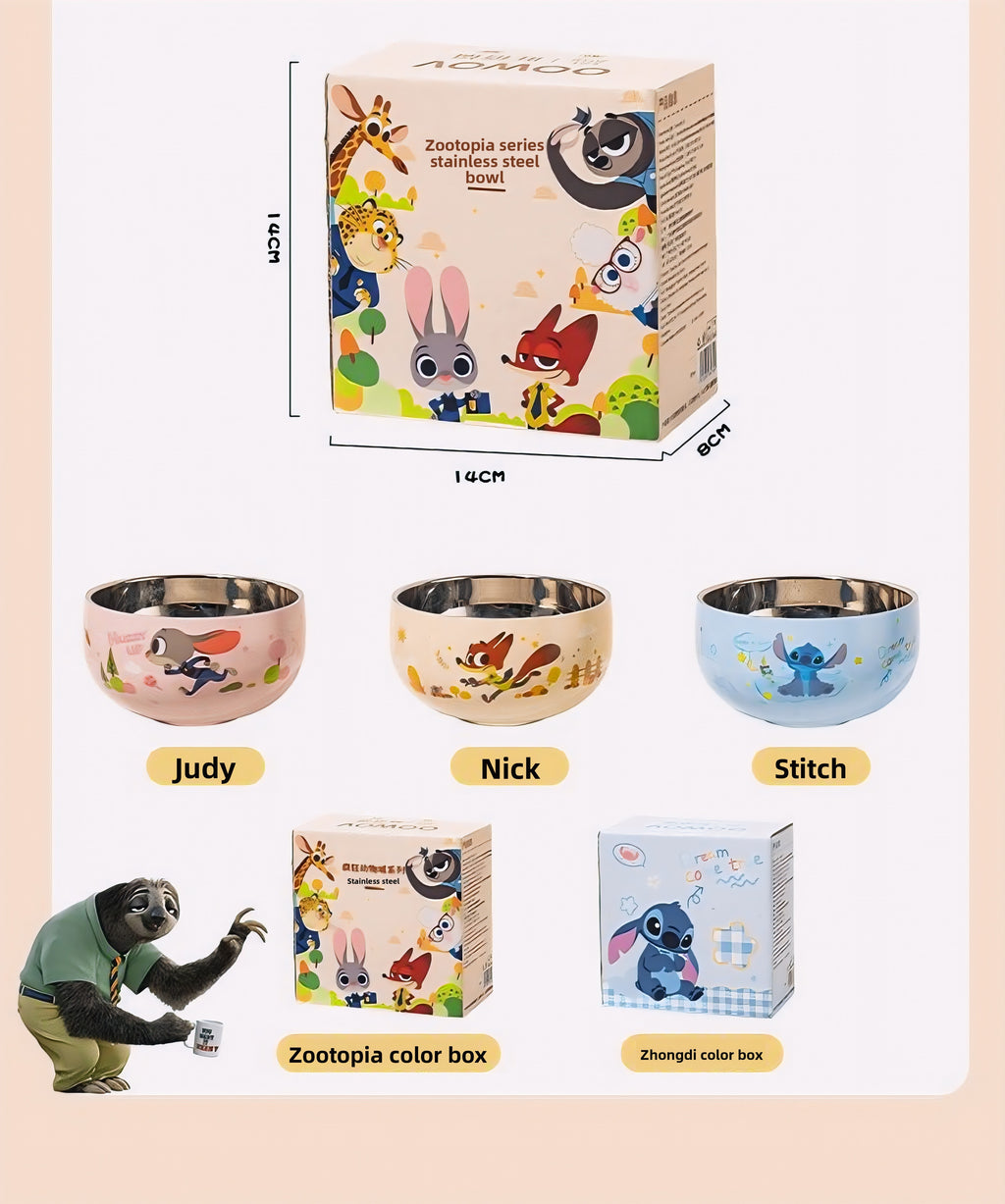Zootopia & Stitch Stainless Steel Bowls Set - Cartoon Character Kids Tableware