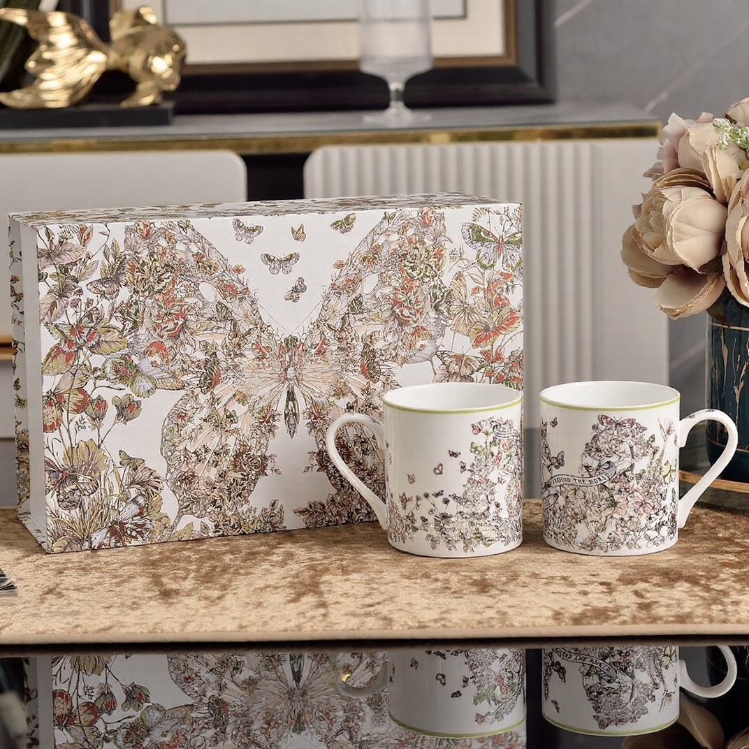 D Botanical & Butterfly Pattern Porcelain Coffee Cup & Saucer Set - Luxury Tableware