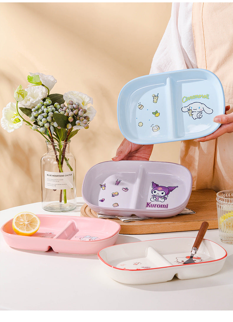 Authentic Sanrio Tableware Kuromi 2-Compartment Plate Children's Food Supplement Plate Ceramic High Temperature Resistant Baking Plate Baby Square Plate