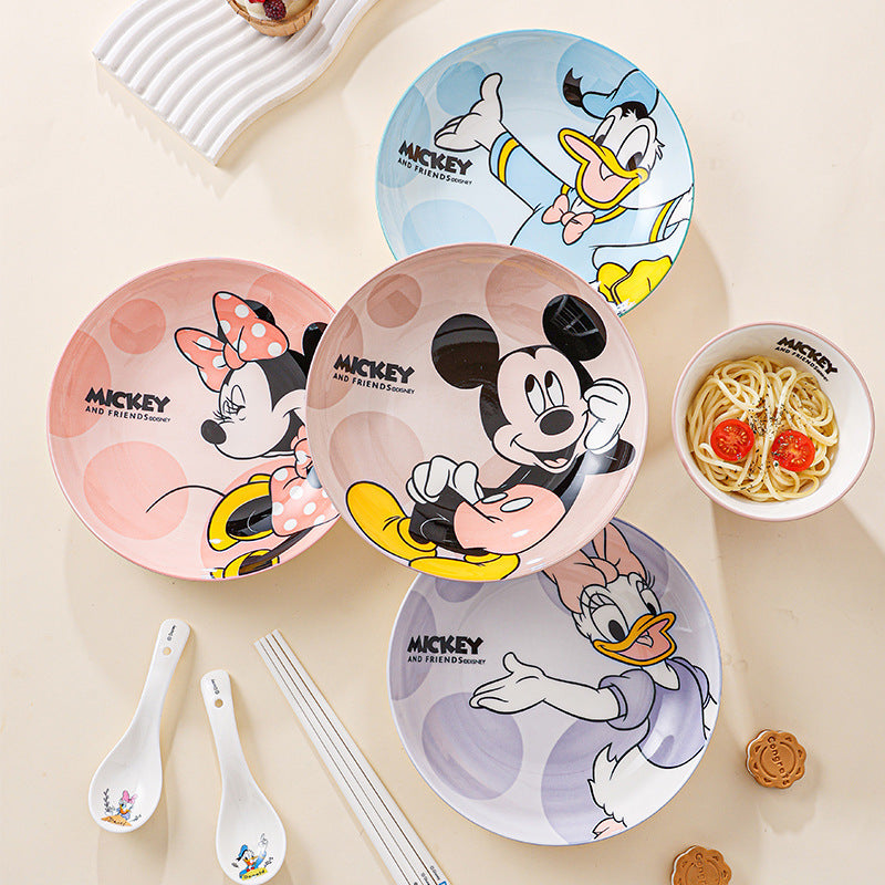 Disney Ceramic Plate High-Value Cartoon Round Plate Le You Mickey Household Underglaze Color Dish Plate High Temperature Resistant Deep Plate