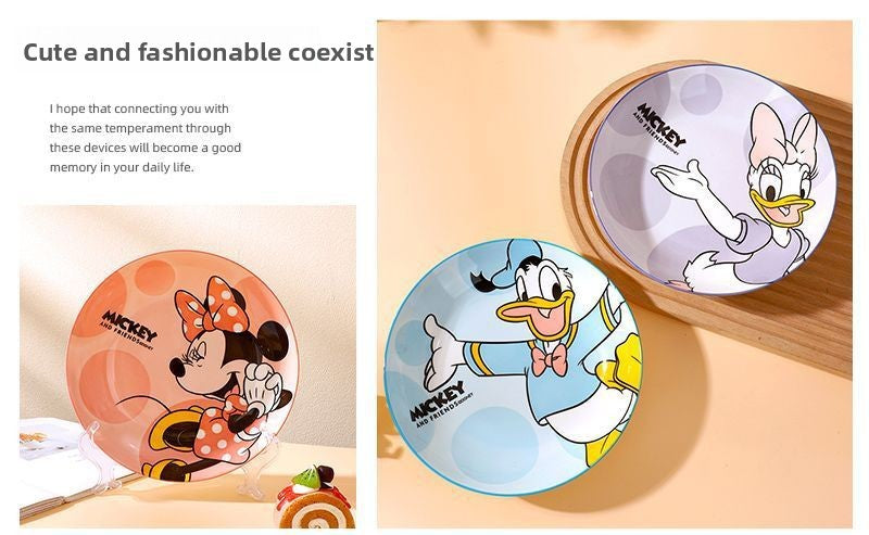 Disney Ceramic Plate High-Value Cartoon Round Plate Le You Mickey Household Underglaze Color Dish Plate High Temperature Resistant Deep Plate