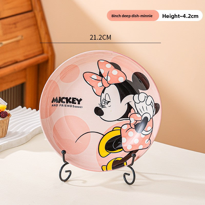 Disney Ceramic Plate High-Value Cartoon Round Plate Le You Mickey Household Underglaze Color Dish Plate High Temperature Resistant Deep Plate