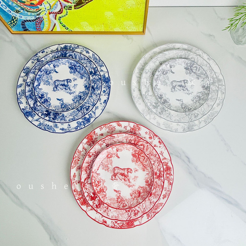 Jungle Tiger Bone China Dinner Plate Three-Piece Set Ruyi Printed Plate Flat Plate Fruit Plate Dessert Plate