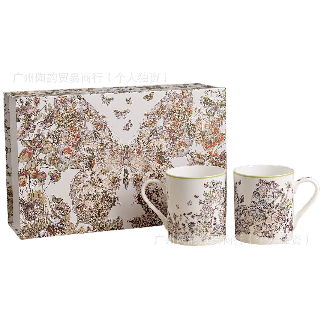 D Botanical & Butterfly Pattern Porcelain Coffee Cup & Saucer Set - Luxury Tableware