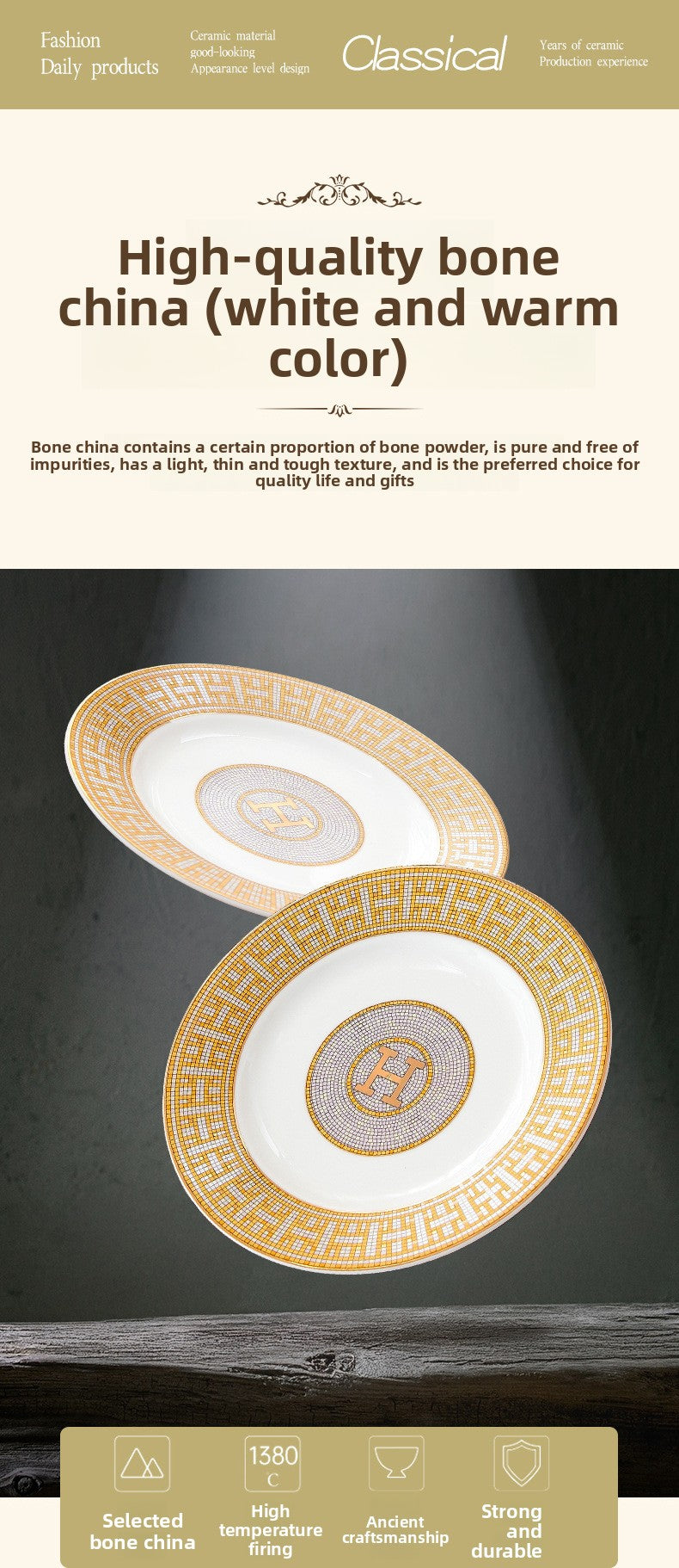 H European Style Round Plate Bone China Dish Plate Tableware Ceramic Plate Western Plate Light Luxury High-end Gold Trim