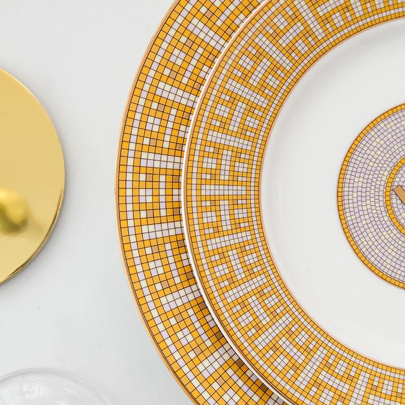 H European Style Round Plate Bone China Dish Plate Tableware Ceramic Plate Western Plate Light Luxury High-end Gold Trim