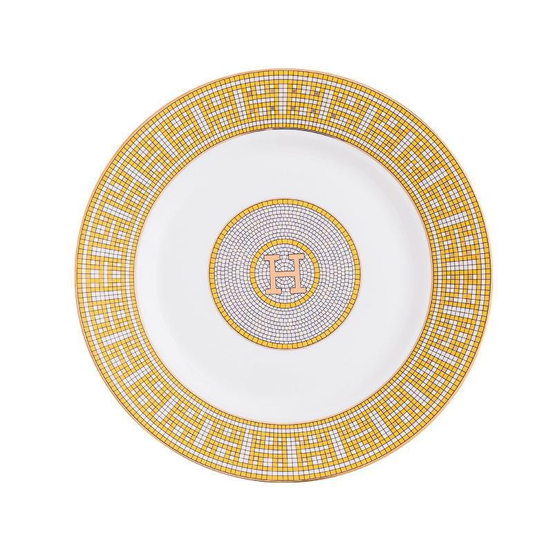 H European Style Round Plate Bone China Dish Plate Tableware Ceramic Plate Western Plate Light Luxury High-end Gold Trim