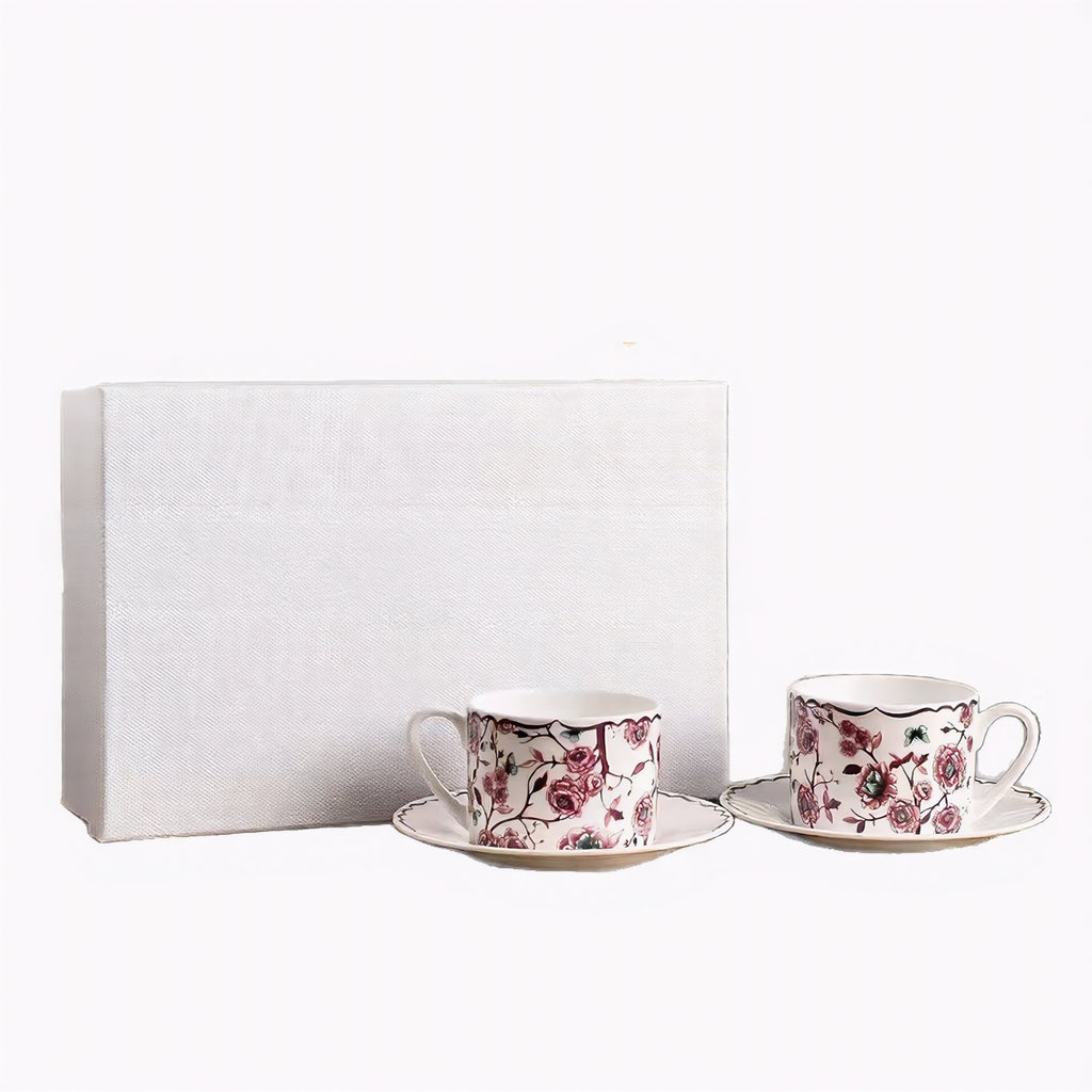 D 6-Piece Floral Scalloped Rim Tea Cup & Saucer Set - Porcelain Coffee Gift Box
