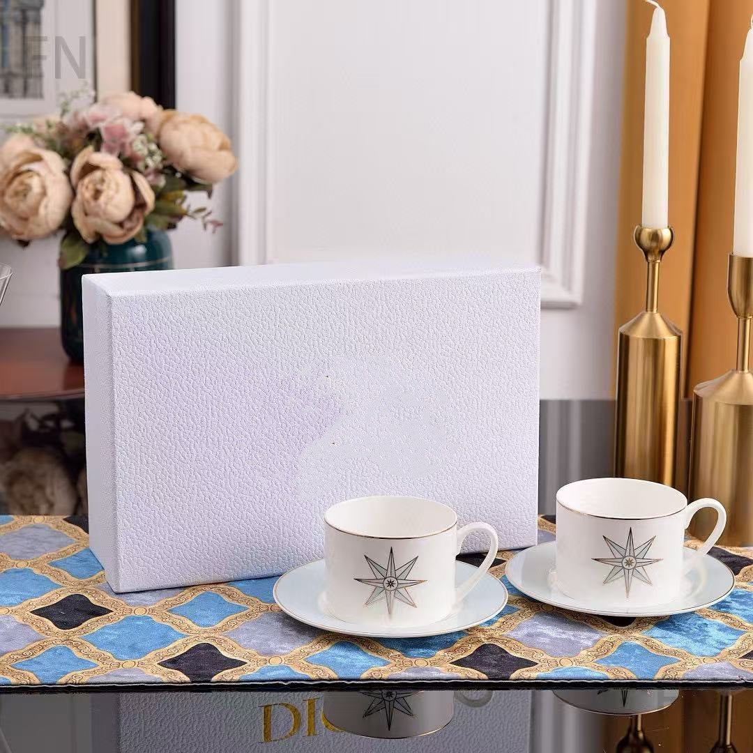 D Family Lucky Star Series Light Luxury High-Value Bone China Tableware Plate Dessert Plate Double Cup Saucer Friend Client Gift