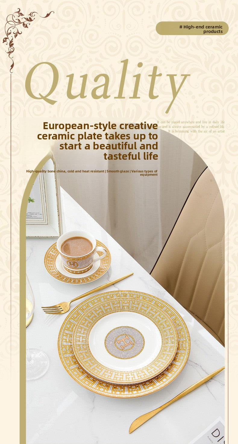 H European Style Round Plate Bone China Dish Plate Tableware Ceramic Plate Western Plate Light Luxury High-end Gold Trim