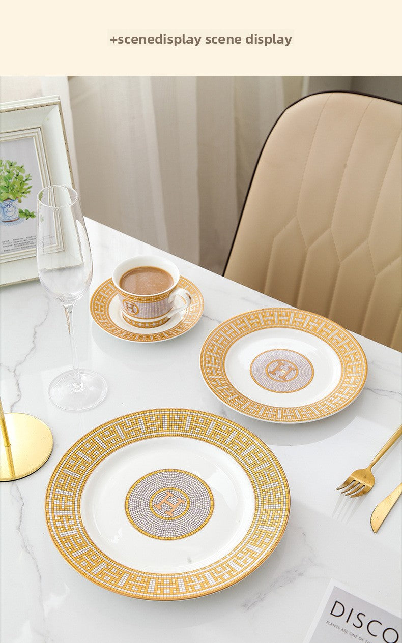 H European Style Round Plate Bone China Dish Plate Tableware Ceramic Plate Western Plate Light Luxury High-end Gold Trim