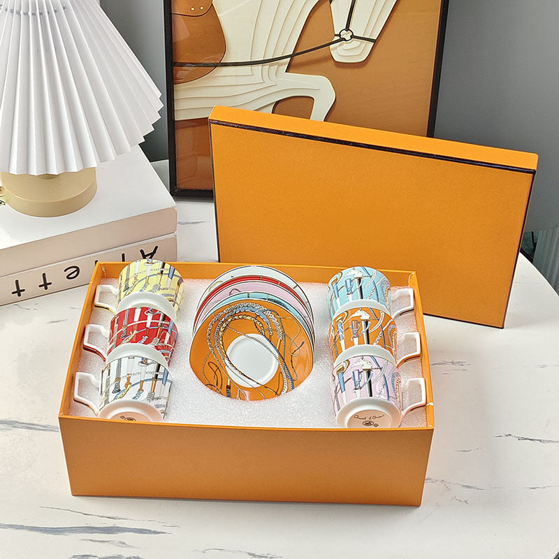 H Home Colorful Staff Concentrated Coffee Cup and Saucer European Style Household Bone China Cup and Saucer Light Luxury Retro Gift