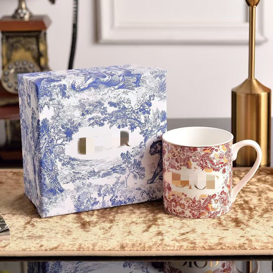 European Style Light Luxury D Brand Red Blue and White Bone China Couple Afternoon Tea Coffee Cup and Saucer Set Gift Box