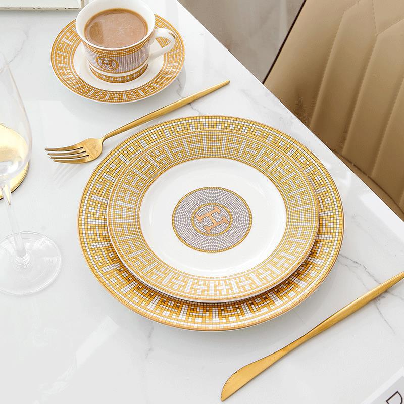 H European Style Round Plate Bone China Dish Plate Tableware Ceramic Plate Western Plate Light Luxury High-end Gold Trim