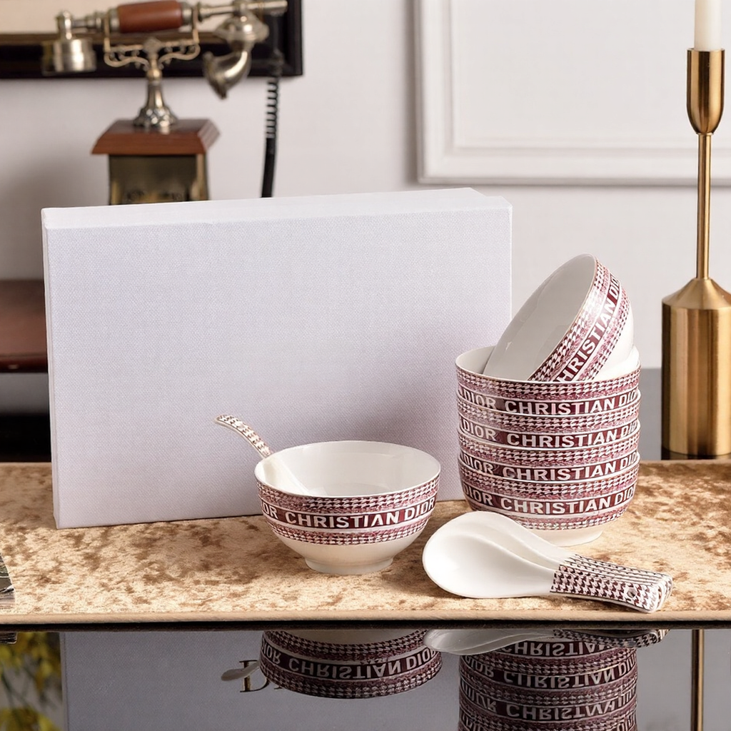 Christian Dior Style Houndstooth Ceramic Dinnerware Set - Luxury Tableware Collection