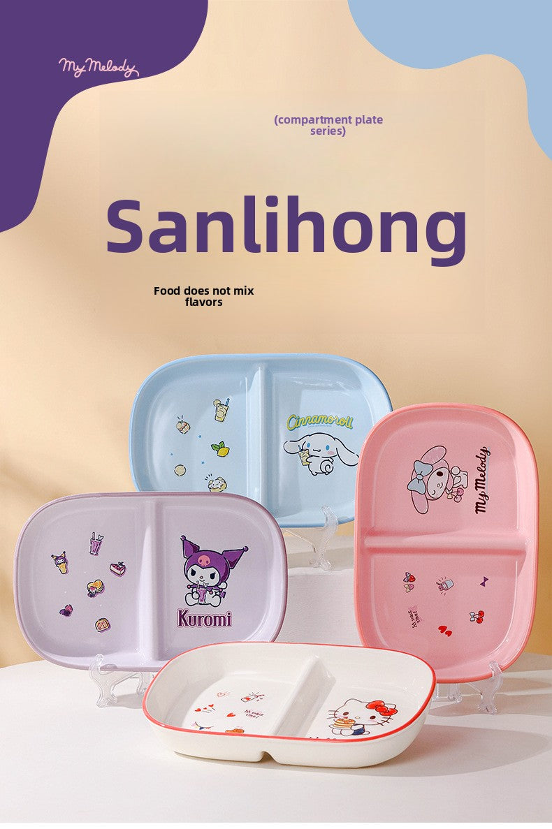 Authentic Sanrio Tableware Kuromi 2-Compartment Plate Children's Food Supplement Plate Ceramic High Temperature Resistant Baking Plate Baby Square Plate