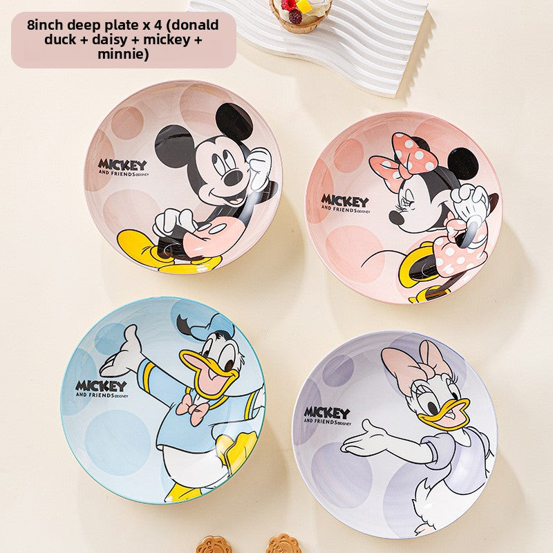 Disney Ceramic Plate High-Value Cartoon Round Plate Le You Mickey Household Underglaze Color Dish Plate High Temperature Resistant Deep Plate