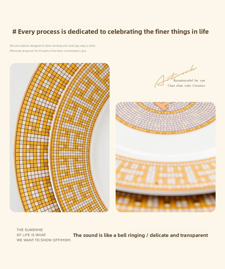 H European Style Round Plate Bone China Dish Plate Tableware Ceramic Plate Western Plate Light Luxury High-end Gold Trim