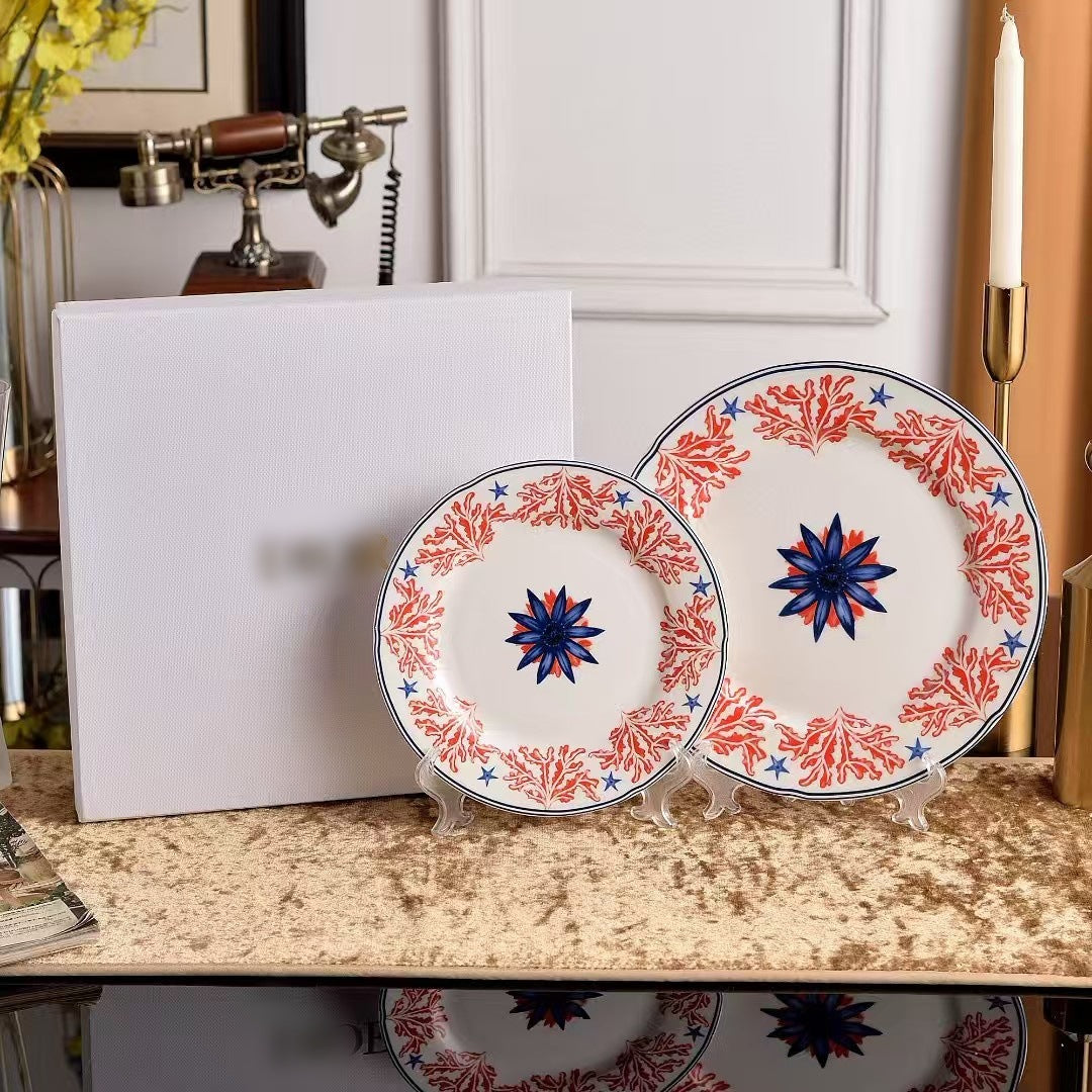 D Red Coral Series Bone China Glaze Mid-Colour Dinner Plate Simple Steak Plate Coffee Cup Saucer Set Gift Box