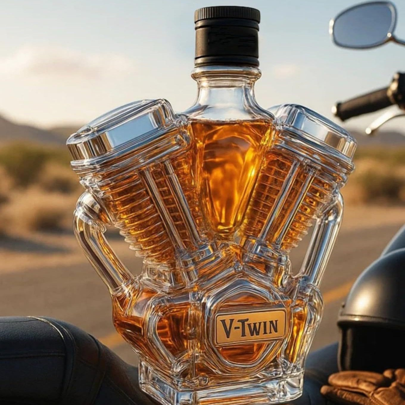 V-Twin Motorcycle Engine Whiskey Decanter - Glass Spirit Bottle