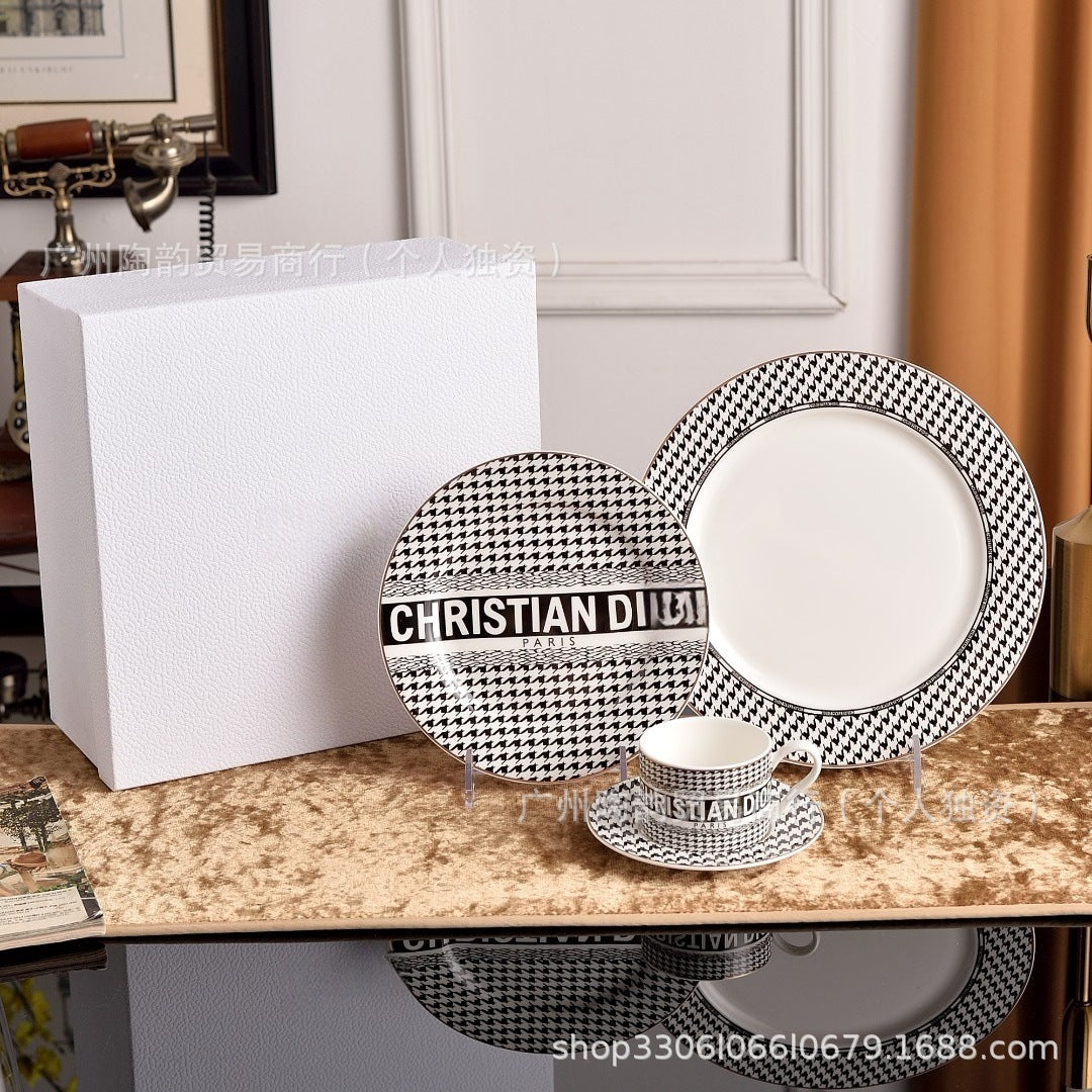 Christian Dior Style Houndstooth Ceramic Dinnerware Set - Luxury Tableware Collection