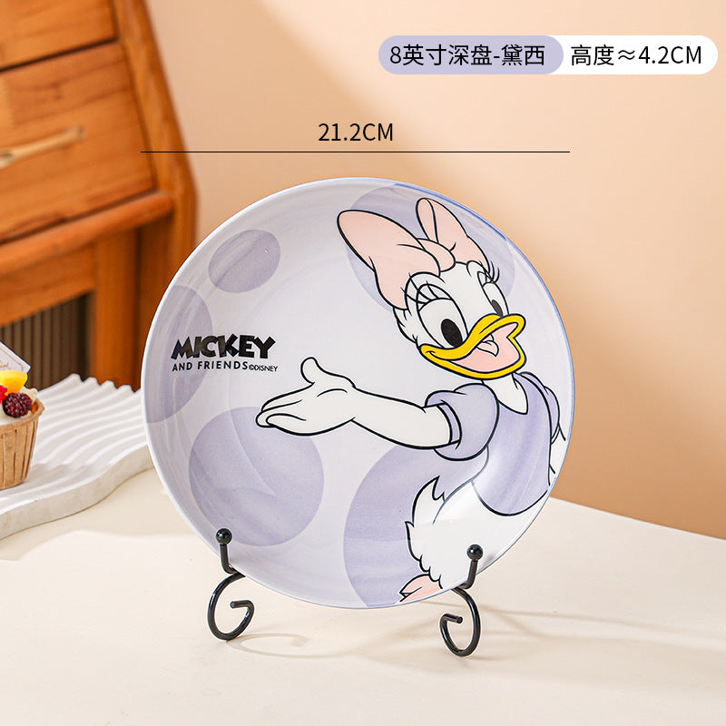 Disney Ceramic Plate High-Value Cartoon Round Plate Le You Mickey Household Underglaze Color Dish Plate High Temperature Resistant Deep Plate