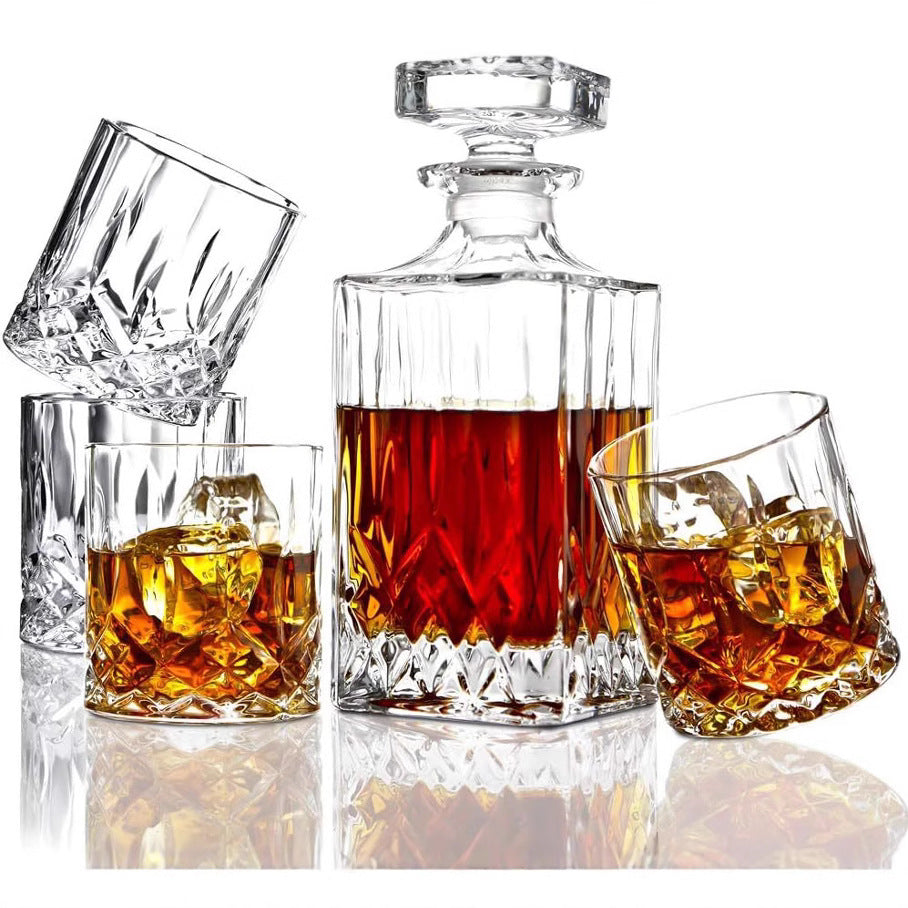 Crystal Cut Whiskey Decanter Set - 750ml Bottle + 4 Tumbler Glasses