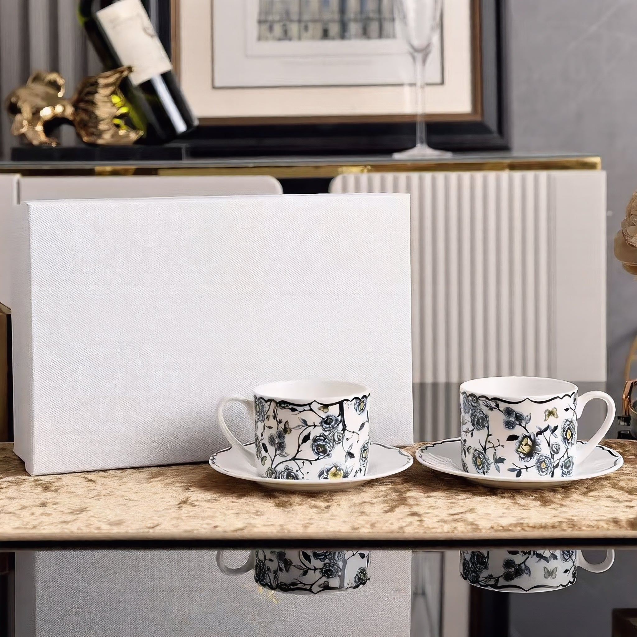 D 6-Piece Floral Scalloped Rim Tea Cup & Saucer Set - Porcelain Coffee Gift Box