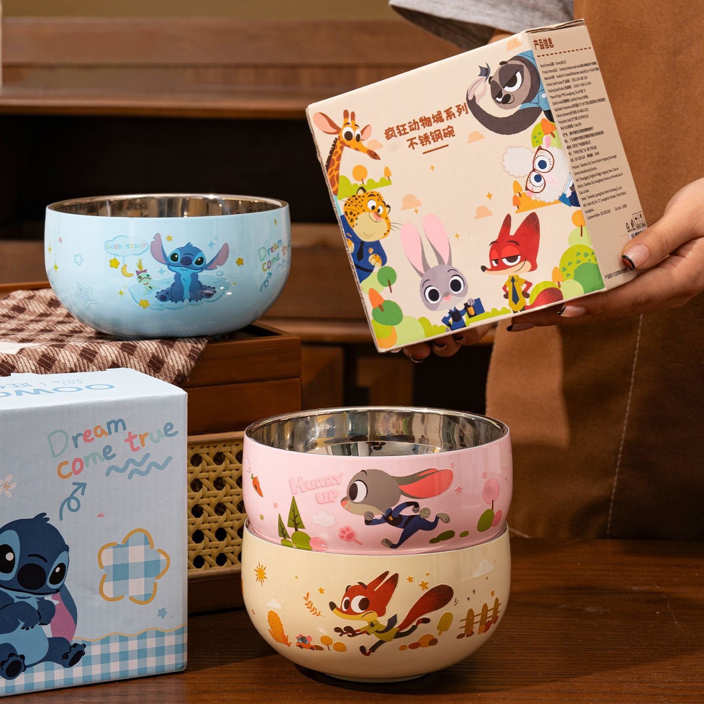 Zootopia & Stitch Stainless Steel Bowls Set - Cartoon Character Kids Tableware