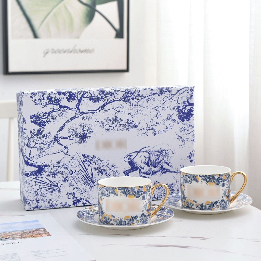 High-end Exquisite Ceramic Western Plate D Home Blue Gold Afternoon Tea Dessert Plate Coffee Cup Pastry Fruit Plate