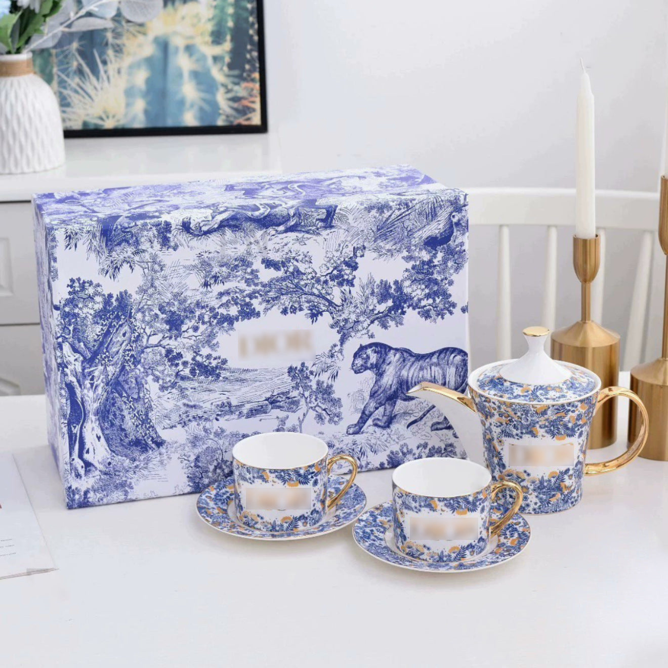 High-end Exquisite Ceramic Western Plate D Home Blue Gold Afternoon Tea Dessert Plate Coffee Cup Pastry Fruit Plate