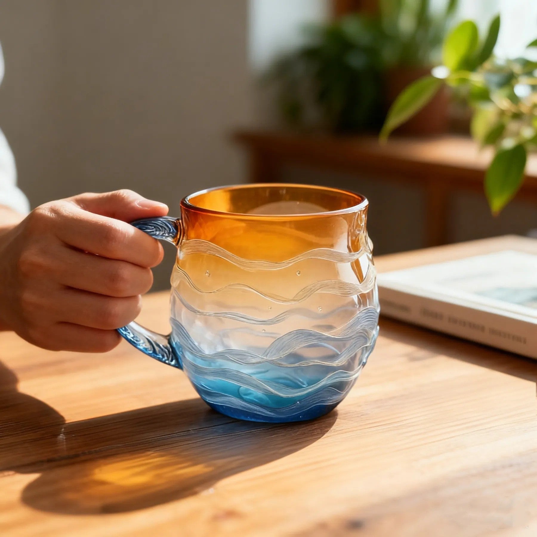 Ombre Wave-Pattern Glass Mug - Blue & Orange Gradient
