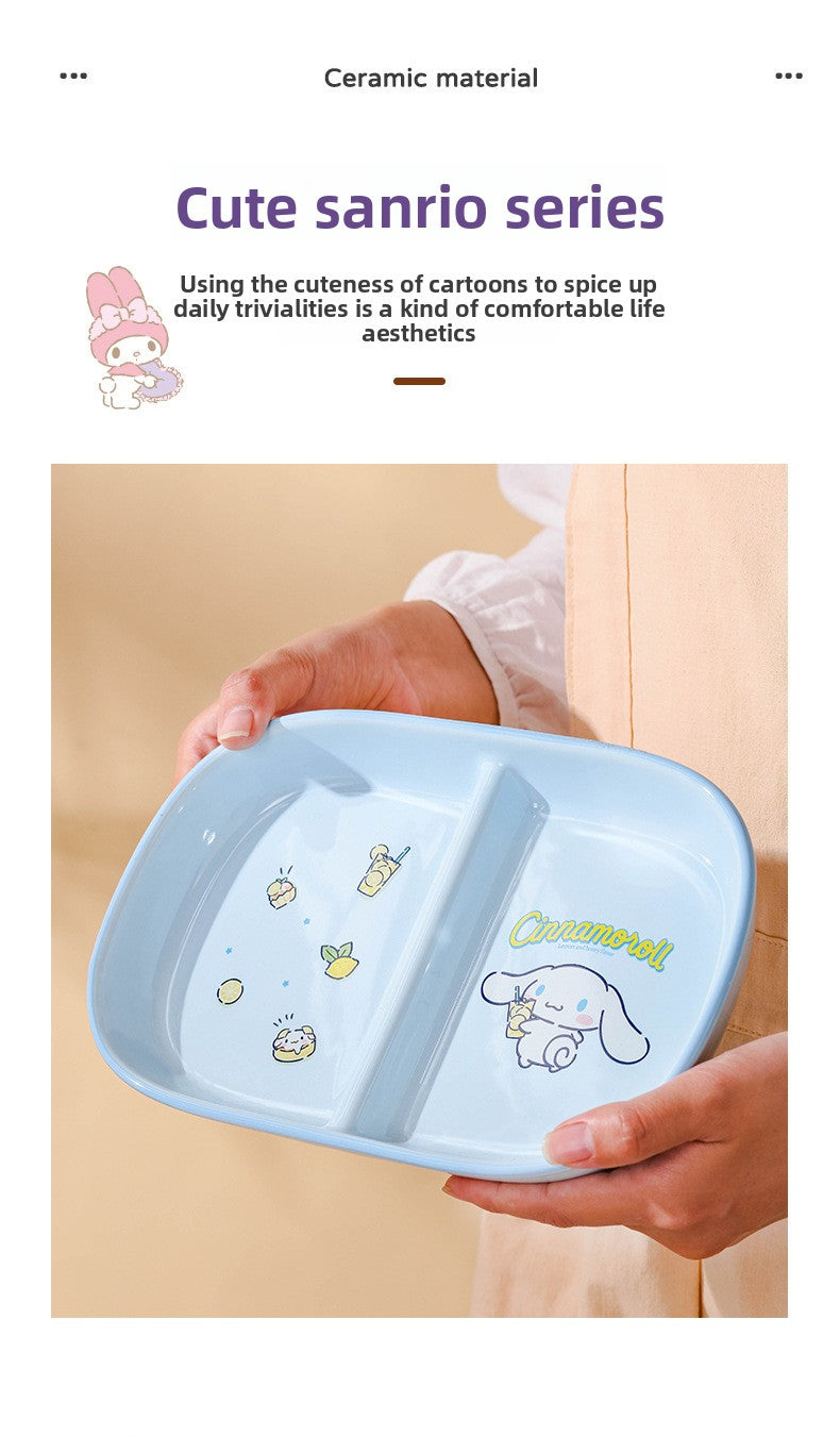 Authentic Sanrio Tableware Kuromi 2-Compartment Plate Children's Food Supplement Plate Ceramic High Temperature Resistant Baking Plate Baby Square Plate
