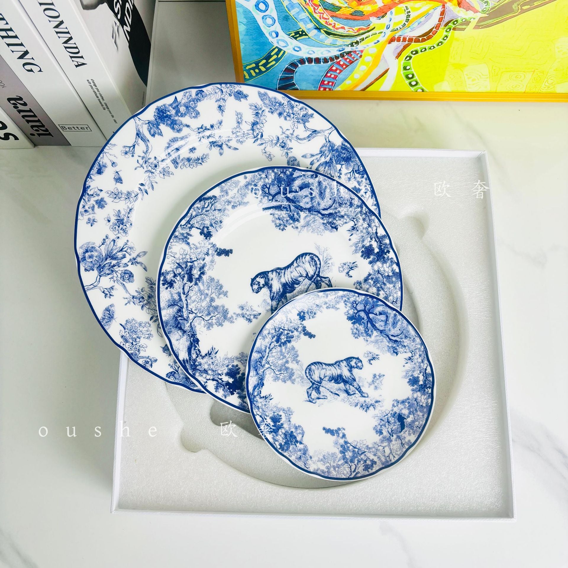 Jungle Tiger Bone China Dinner Plate Three-Piece Set Ruyi Printed Plate Flat Plate Fruit Plate Dessert Plate